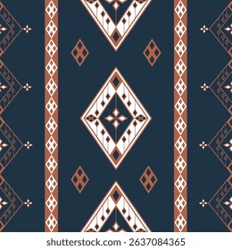 Ethnic tribal seamless patterns inspired by Navajo and Aztec motifs. Terracotta, navy blue, and ivory color palette. Ideal for fabric, fashion, and digital backgrounds
