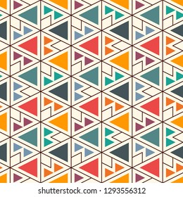 Ethnic, tribal seamless surface pattern. Native americans style background. Repeated geometric figures motif. Contemporary abstract wallpaper. Boho chic grid digital paper, textile print. Vector art