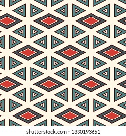 Ethnic, tribal seamless surface pattern. Native americans style background. Repeated diamond, triangles ornament. Geometric figures motif. Boho chic digital paper, textile print. Modern geo wallpaper.