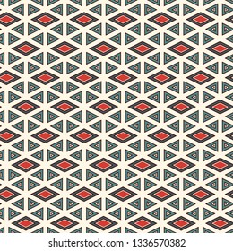 Ethnic, tribal seamless surface pattern. Native americans style background. Repeated diamond, triangles ornament. Geometric figures motif. Boho chic digital paper, textile print. Modern geo wallpaper.