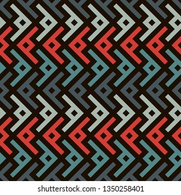 Ethnic, tribal seamless surface pattern. Repeated symbols background. Ancient folk ornament. Geometric figures motif. Geo abstract wallpaper. Digital paper, textile print. Vector art / illustration
