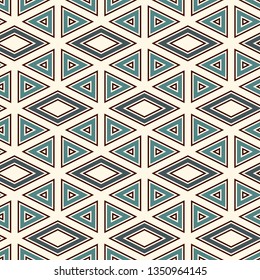 Ethnic, tribal seamless surface pattern. Native americans style background. Repeated diamond, triangles ornament. Geometric figures motif. Boho chic digital paper, textile print. Modern geo wallpaper.