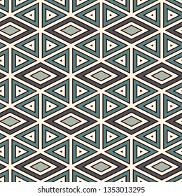 Ethnic, tribal seamless surface pattern. Native americans style background. Repeated diamond, triangles ornament. Geometric figures motif. Boho chic digital paper, textile print. Modern geo wallpaper.