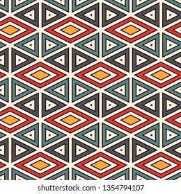 Ethnic, tribal seamless surface pattern. Native americans style background. Repeated diamond, triangles ornament. Geometric figures motif. Boho chic digital paper, textile print. Modern geo wallpaper.