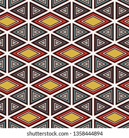 Ethnic, tribal seamless surface pattern. Native americans style background. Repeated diamond, triangles ornament. Geometric figures motif. Boho chic digital paper, textile print. Modern geo wallpaper.