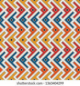 Ethnic, tribal seamless surface pattern. Repeated symbols background. Ancient folk ornament. Geometric figures motif. Geo abstract wallpaper. Digital paper, textile print. Vector art / illustration