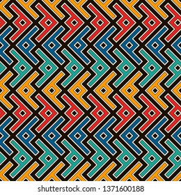 Ethnic, tribal seamless surface pattern. Repeated symbols background. Ancient folk ornament. Geometric figures motif. Geo abstract wallpaper. Digital paper, textile print. Vector art / illustration