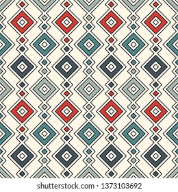 Ethnic, tribal seamless surface pattern. Repeated diamonds and rhombuses motif. Folk background. Folkloric wallpaper. Geometric ornament. Geo digital paper, textile print. Vector art