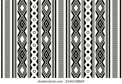 Lista étnica tribal fundo preto e branco. Padrão tribal perfeito, bordados folclóricos, ornamento geométrico tradicional. Design tradicional para tecido, têxtil, impressão, tapete, papel