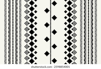 Ethnic tribal stripe black and white background. Seamless tribal pattern, folk embroidery, tradition geometric  ornament. Traditional design for fabric, textile, print, rug, paper
