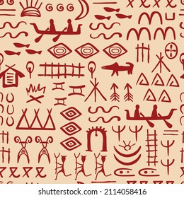 Ethnic tribal symbols and ornaments of indigenous peoples seamless pattern. Design for fabric and other surfaces.