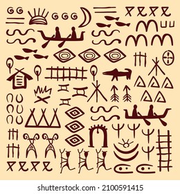 Ethnic Tribal symbols . Stylized vector illustration of rock painting background. Primitive figures of ancient tribes. Hand drawn vector pattern.