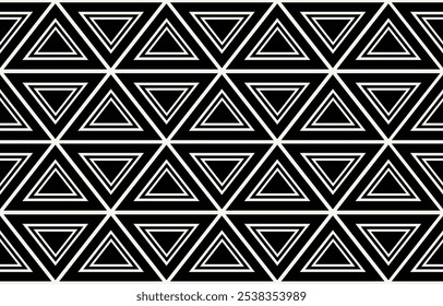 Triángulo tribal étnico de fondo negro. Patrón tribal sin fisuras, bordado popular, ornamento geométrico de la tradición. Diseño tradicional para la tela, materia textil, impresión, alfombra, papel