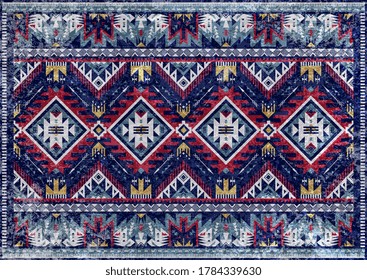 Ethnic tribal vector background with decorative folk elements. Aztec threadbare abstract geometric art print. Design for rug, tapis, blanket, wallpaper, cloth design, fabric, textile. Aging effect