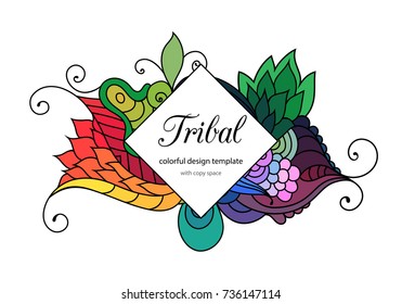 Ethnic tribal wavy vector frame with copy space area and colorful zentangle pattern.