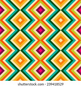 Ethnic tribal zig zag and rhombus seamless pattern. Vector illustration for beauty fashion design. Blue, orange, pink and yellow colors. Vintage stripe style.