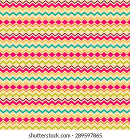 Ethnic tribal zig zag and rhombus seamless pattern. Vector illustration for beauty fashion design. Blue, orange, pink and yellow colors. Vintage stripe style.