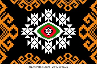 Ethnic tribal-style geometric pattern in pixel art format. Features a central eye-shaped diamond motif with red, green, and black elements, surrounded by white symmetrical shapes. Inspired by traditio
