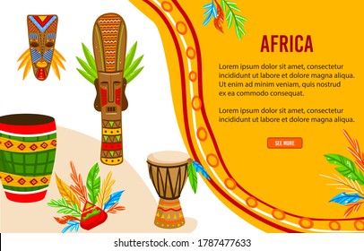 Ethnischer Stamm Afrikas, Vektorgrafik. Cartoon flache Stammes-aborigine-Kunst Kulturobjekte, rituelle Kriegermaske für den Menschen, afrikanische Trommel mit traditionellem nativen Afro-Ornament-Muster-Banner