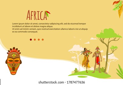 Ethnic tribe of Africa vector illustration. Cartoon flat man woman tribal characters, African villagers in traditional clothing dress standing together, ethnicity symbols of African art culture banner