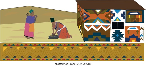 Ethnic tribe people in Africa flat vector illustration. Cartoon african woman with child, afro character in traditional tribal costume standing near ethnic hut in village, rural african landscape