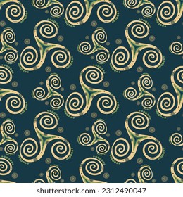 Ethnic triple spiral celtic triskele sacred symbol seamless ornament. Three legs triskel scroll sacred geometry. Gaelic joining spirals traditional motif. Nordic sign pattern.