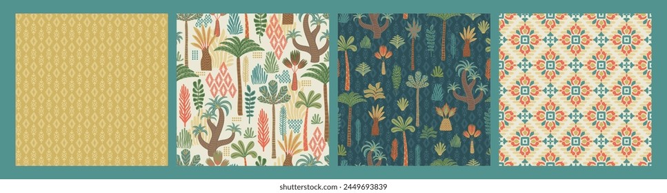 Ethnic tropical seamless patterns with palms and geometric elements.  Modern abstract design for paper, cover, fabric, interior decor and other use