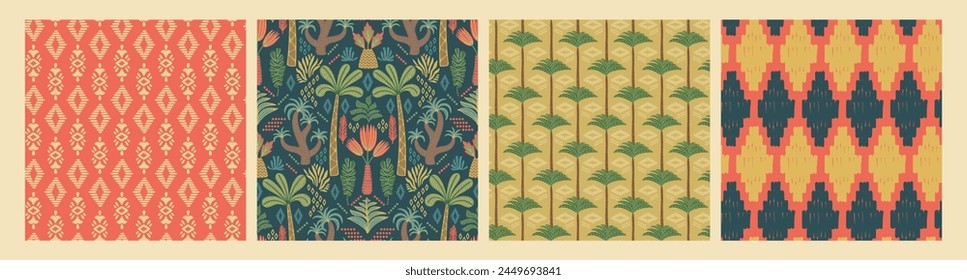 Ethnische tropische nahtlose Muster mit Palmen und geometrischen Elementen.  Modernes abstraktes Design für Papier, Bezug, Stoff, Innendekor und andere Verwendung