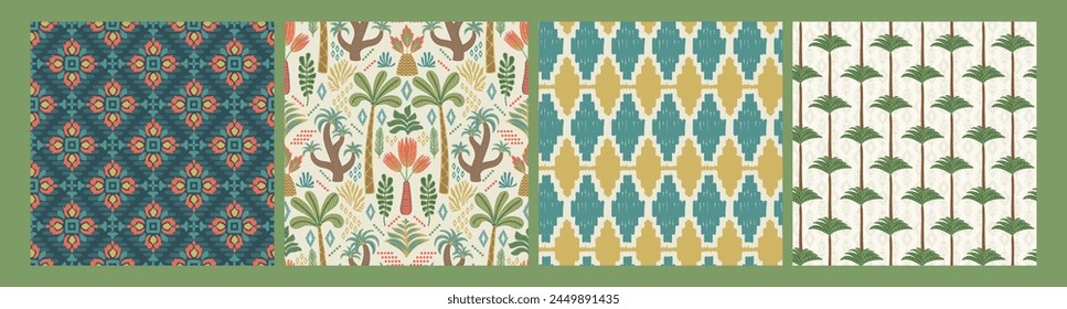 Ethnic tropical seamless patterns with palms and geometric elements.  Modern abstract design for paper, cover, fabric, interior decor and other use