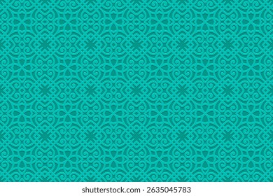Ethnic turquoise background, cover design, banner, handmade wallpaper, boho. Geometric artistic 3D pattern. Relief ornaments, arabesques, mandala of the East, Asia, India, Mexico, Aztec, Peru.