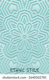 Ethnic turquoise background, cover design, banner, tribal wallpaper. Geometric floral 3D pattern, embossing. Relief ornaments, arabesques, mandala, fresco of the East, Asia, India, Mexico, Aztec, Peru