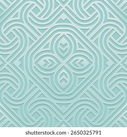 Ethnic turquoise background, tribal design cover, banner, wallpaper. Geometric stylish old boho pattern, embossing, 3D. Ornaments, arabesques, mandala, fresco of the East, Asia, India, Mexico, Aztec.
