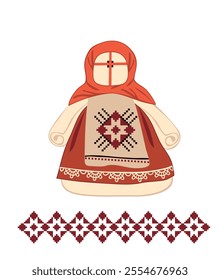 Ethnic Ukrainian motanka doll or rag doll in embroidered clothes. Knotted ethnic dolls or rag doll of Ukraine. Vector illustration. Background for a cover, postcard, calendar.