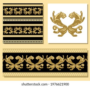 ethnic Ukrainian pattern. Scythia. Traditional Scythian culture. Seamless border. Abstract animals on a white background. set for design of clothes, fabrics and textiles.