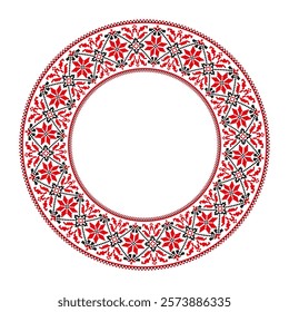 Ethnic Ukrainian seamless round patterns in the Slavic style. Slavic embroidery flowers. Ethnic traditional embroidery ornament of vyshyvanka. Cross-stitch drawing. Fashion background with ornate dish