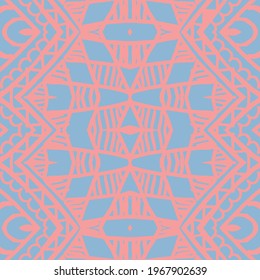 Ethnic Vector Boho Rug. Pastel Abstract Wallpaper. Pillowcase Trendy Bohemian. Soft Pink Artwork Hand made. Pale Blue Graphic Design. Apparel Geometric Hippie.