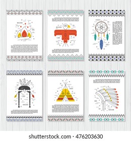 Ethnic vector cards. Native american templates with decorative borders. Culture elements. Background for aztec poster, banner, invitation. Indian symbols. Tribal design