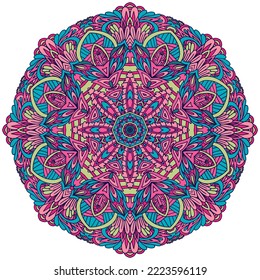 Ethnic vector flower with colorful ornament. Isolate doodle abstract ornamental mandala round ornament aztec pattern in handdrawn style.