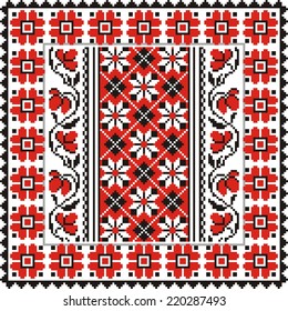 ethnic vector geometric background with elements of flowers and plants on the motives of Russian and Ukrainian art
