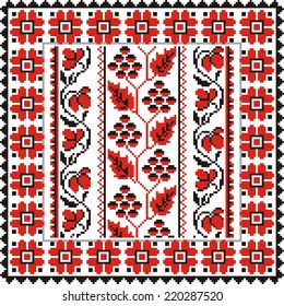 ethnic vector geometric background with elements of flowers and plants on the motives of Russian and Ukrainian art