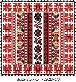 ethnic vector geometric background with elements of flowers and plants on the motives of Russian and Ukrainian art