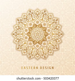 Diseño de mandala de vector étnico para invitaciones, tarjetas, etiquetas. Logo redondo y plantilla de etiqueta. Diseño lujoso tejido floral. El adorno oriental al estilo boho. Fondo de oro islámico