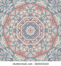 Ethnic Vector medallion folk art style design print in pastel colors. Seamiless mandala with doodle graphic ornament.