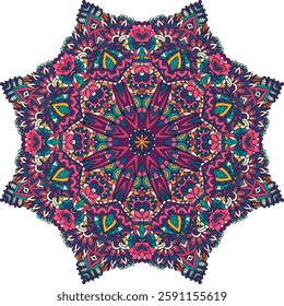 Ethnic Vector medallion folk art style design print star multicolor. Arabesque medallion vector