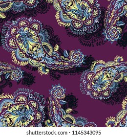 Ethnic vector paisley pattern vivid traditional folk floral background. Ornament seamless hand drawn trendy color Asian pattern with effect black shadows on a purple lilac backdrop.
