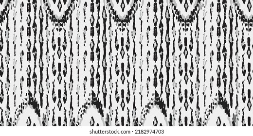 Ethnic Vector Pattern. Bohemian Peacock Print. Abstract Modern Batik. Geometric Ikat Seamless Design. Fashion Retro Art. Monochrome and Greyscale Vintage Ornament. Rhombus Watercolor Background.
