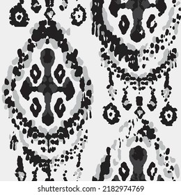 Ethnic Vector Pattern. Bohemian Peacock Print. Abstract Modern Batik. Vintage Ornament. Rhombus Watercolor Background. Geometric Ikat Seamless Design. Monochrome and Greyscale Fashion Retro Art.