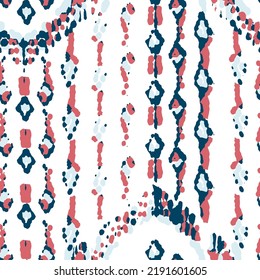 Ethnic Vector Pattern. Bohemian Peacock Print. Vintage Ornament. Rhombus Watercolor Background. Fashion Retro Art. Abstract Modern Batik. Geometric Ikat Seamless Design. Indigo Blue and Red