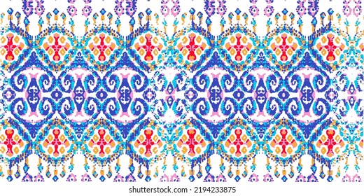 Ethnic Vector Pattern. Bohemian Peacock Print. Geometric Ikat Seamless Design. Indigo Blue and Red Vintage Ornament. Rhombus Watercolor Background. Abstract Modern Batik. Fashion Retro Art.