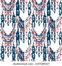 Ethnic Vector Pattern. Bohemian Peacock Print. Fashion Retro Art. Abstract Modern Batik. Geometric Ikat Seamless Design. Indigo Blue and Red Vintage Ornament. Rhombus Watercolor Background.